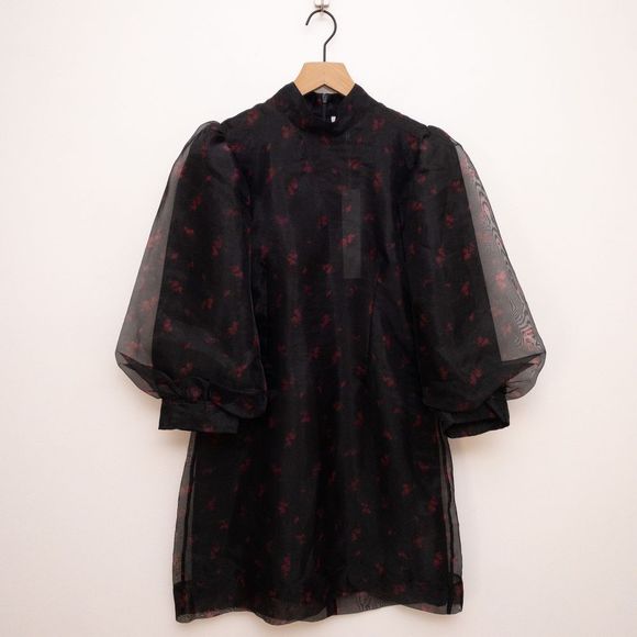 GANNI Floral Print Organza Short Shift Dress in Phantom 252 Size 42 NWT - Picture 2 of 11